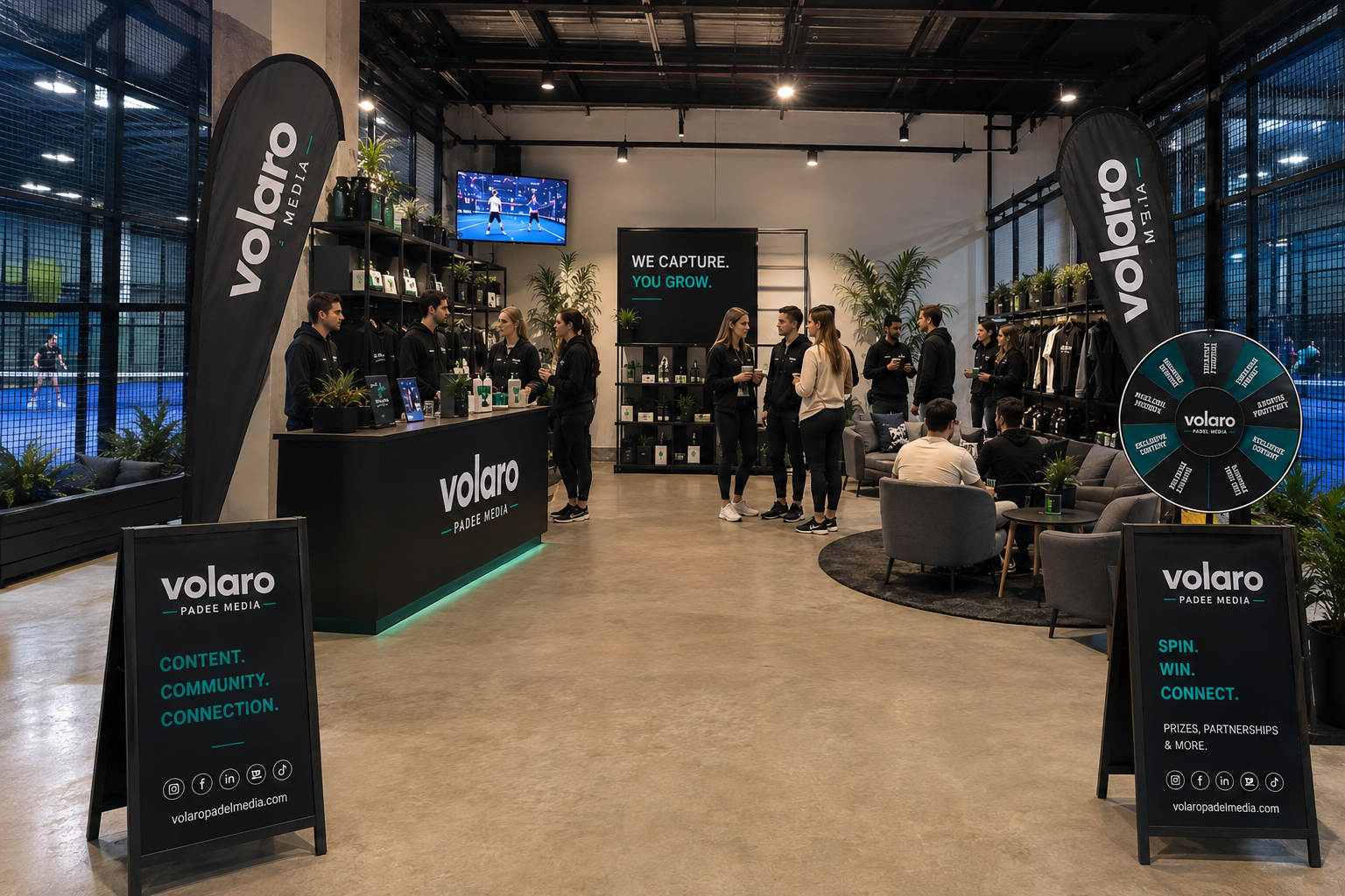 Volaro brand activation event with prize wheel and lounge